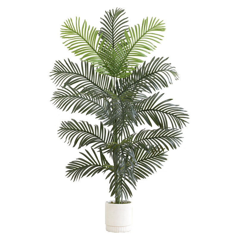 Tall Green Faux Palm Tree in White Plastic Planter