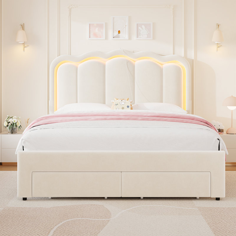 Daphne Upholstered LED Bed Frame With Drawer & Adjustable Headboard, Kids Beds, White, Full