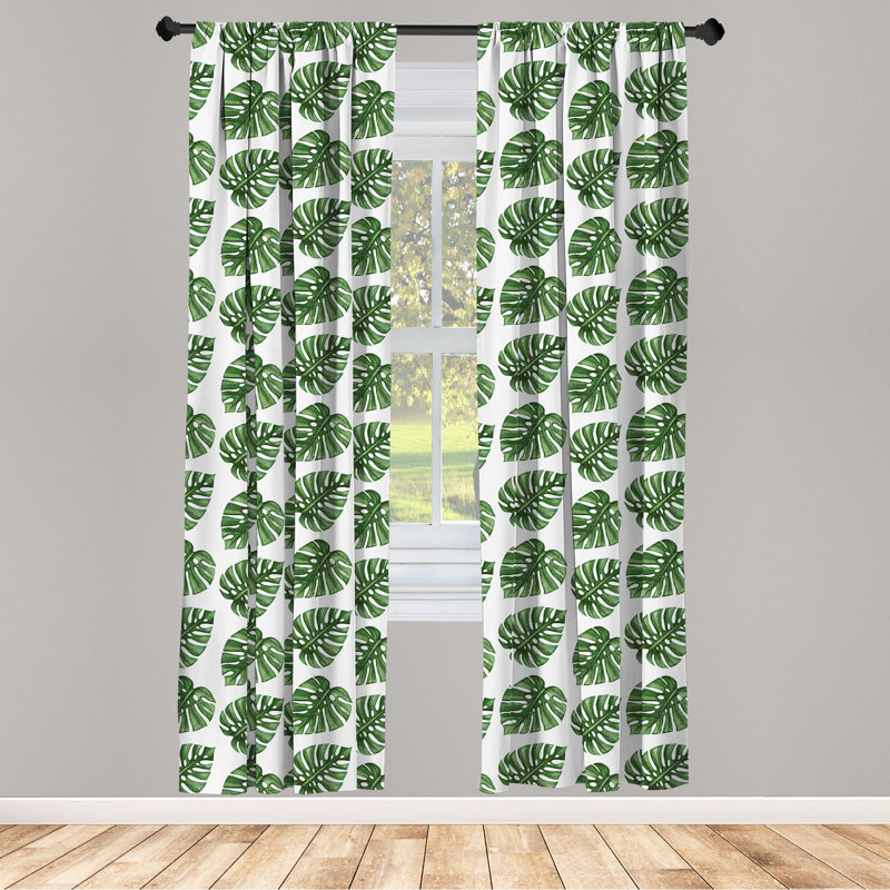 Tropical Green Leaf Print Polyester Room Darkening Curtain Pair