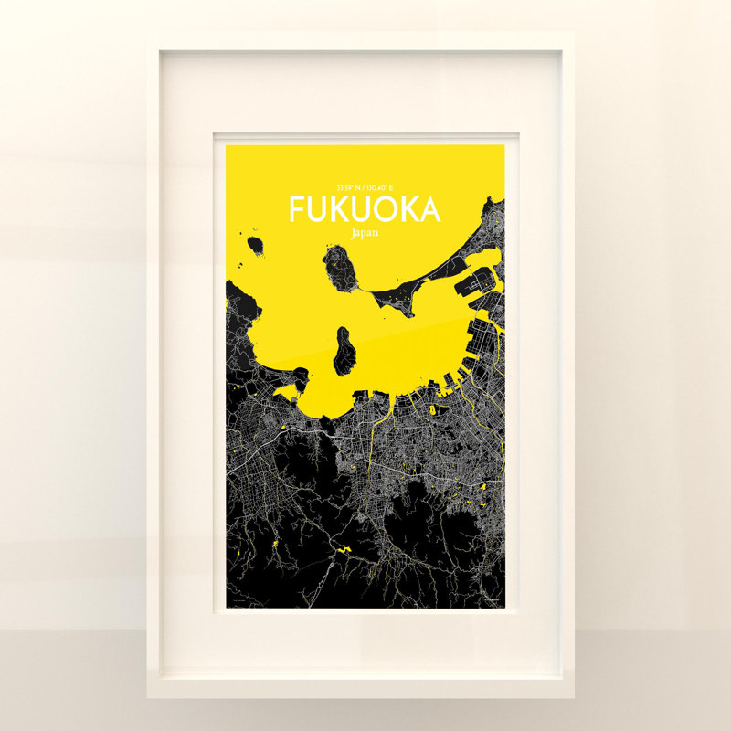 Fukuoka, carte de la ville, impression rétro, H 17 po x l 11 po, Noir / Jaune