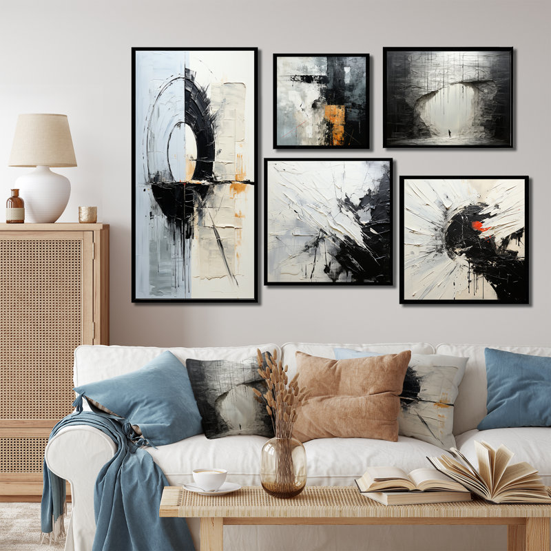 Éclipse de lune géométrique grise et blanche - ensemble de 5 reproductions d'art abstrait, Cadre flottant noir