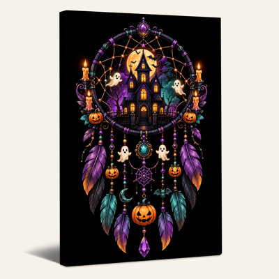 Purple Haunted House Dreamcatcher With Pumpkins Halloween Canvas Wall Art