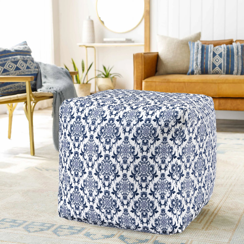 Chaimas Blue/White Transitional Floral Hand-Woven Cotton Square Ottoman Pouf