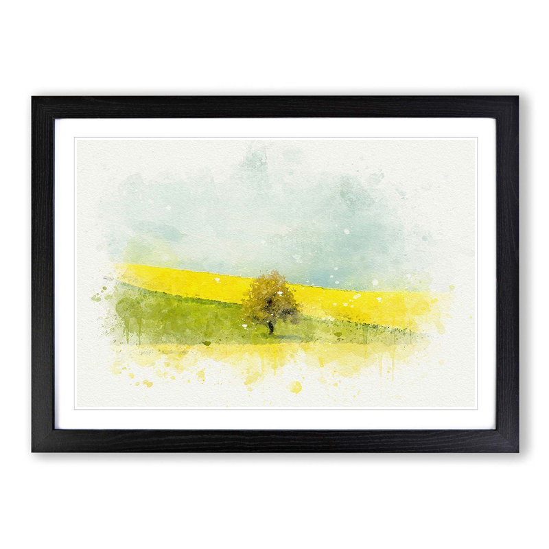 Lone Tree in a Yellow Meadow in Abstract - Picture Frame Graphic Art Print, Black, 60cm H x 91cm W x 2cm D