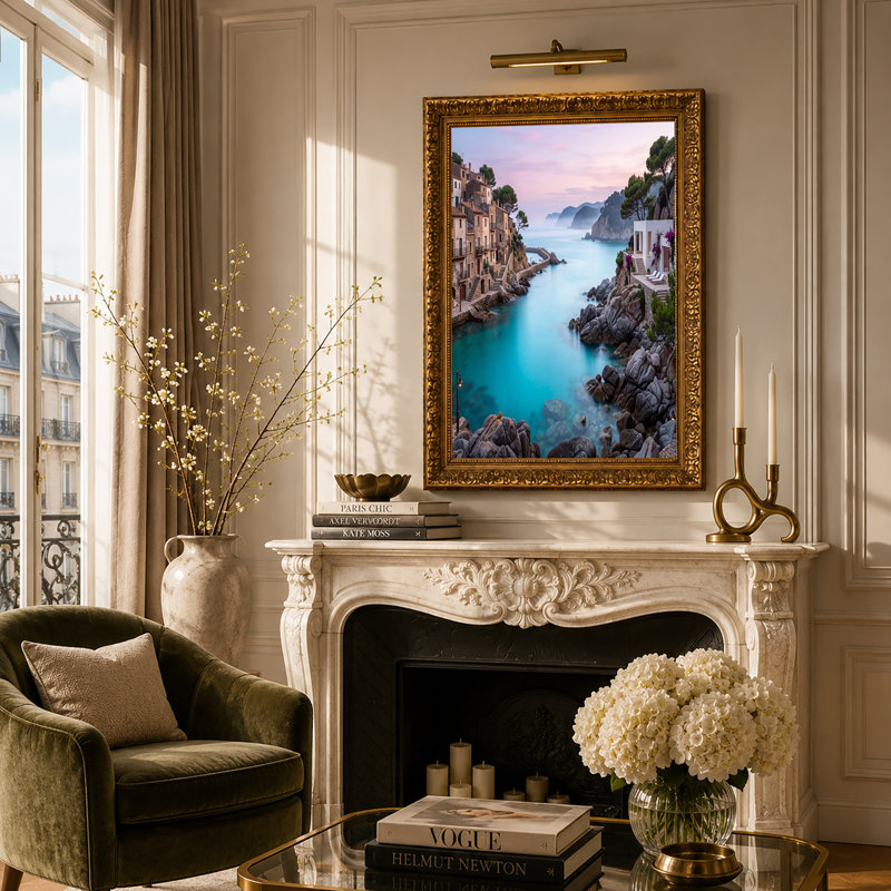«Turquoise Bay and Coastal Village at Sunset», art mural, H 36 po x l 48 po