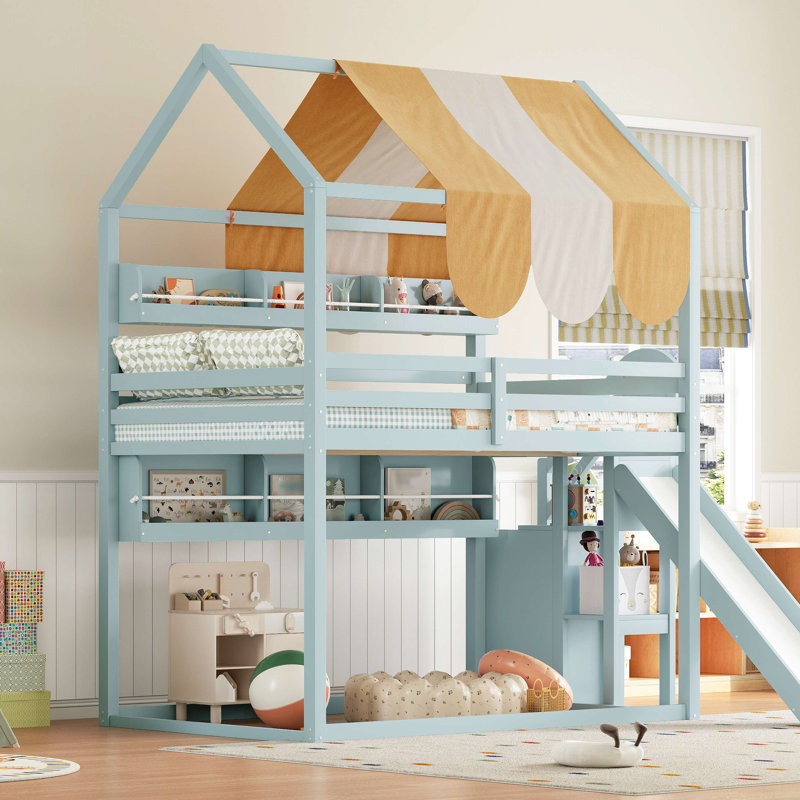 Bunk Bed With Canopy, Slide & Built-In Bookshelves, Light Green
