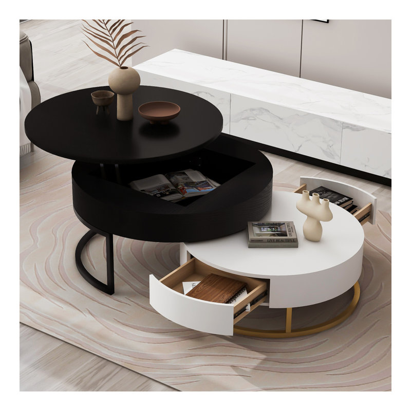 Tables basses gigognes modernes à plateau relevable avec 2 tiroirs blanc et noir