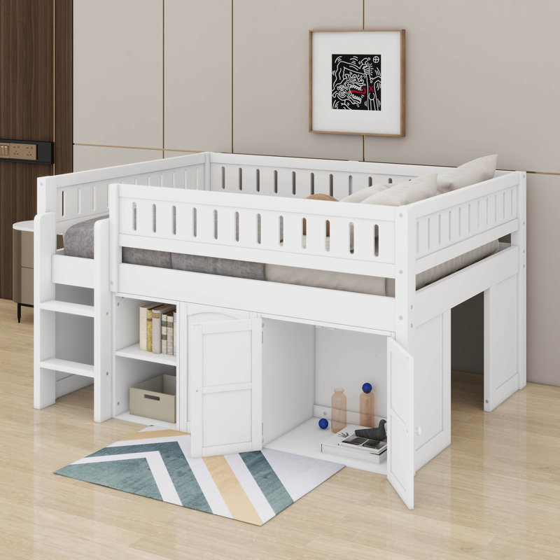 Lit mezzanine double avec armoire, Blanc