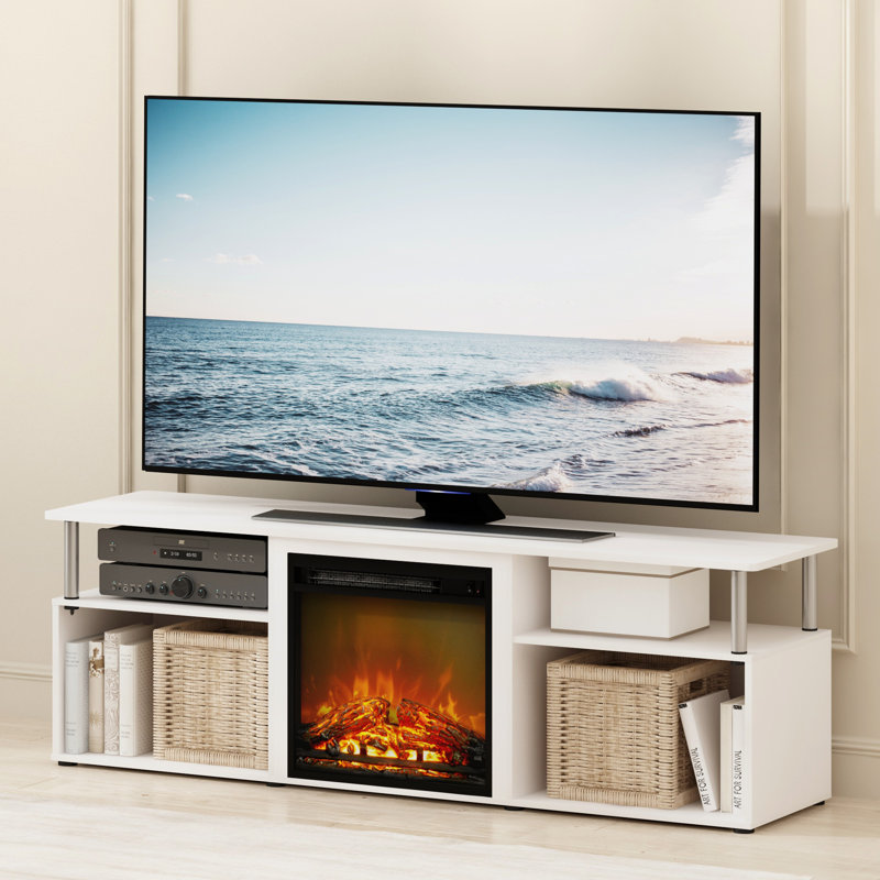 Nottoway Unfinished TV Stand for TVs up to 70 with Fireplace Included, White/Stainless Steel