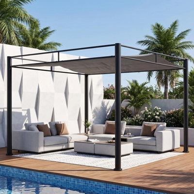 SUNJOY 10' x 10' Lean to Pergola, Outdoor Pergola with Sun Shade, Black Sling Fabric, Metal Pergola Canopy for Outdoor Patio, Garden, Yard, Deck, Entertaining