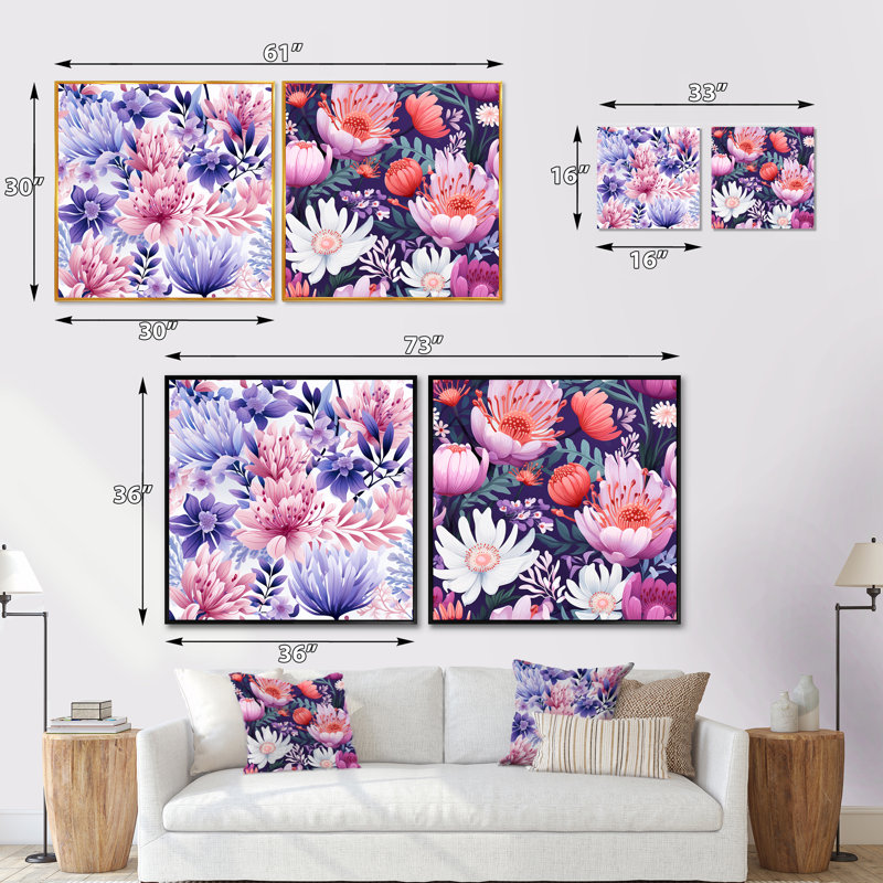 Ensemble de 2 collages carrés violets à motif floral violet, H 16 po x l 33 po, Cadre flottant blanc