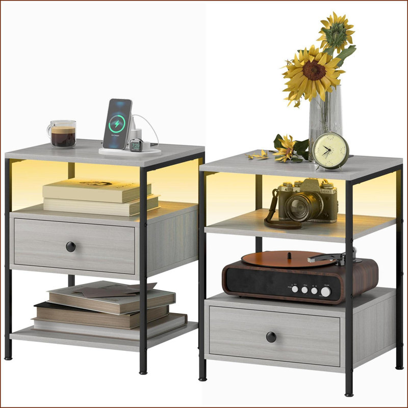 Ensemble de 2 tables basses modernes gris avec station de charge et éclairage ambiant pour le salon