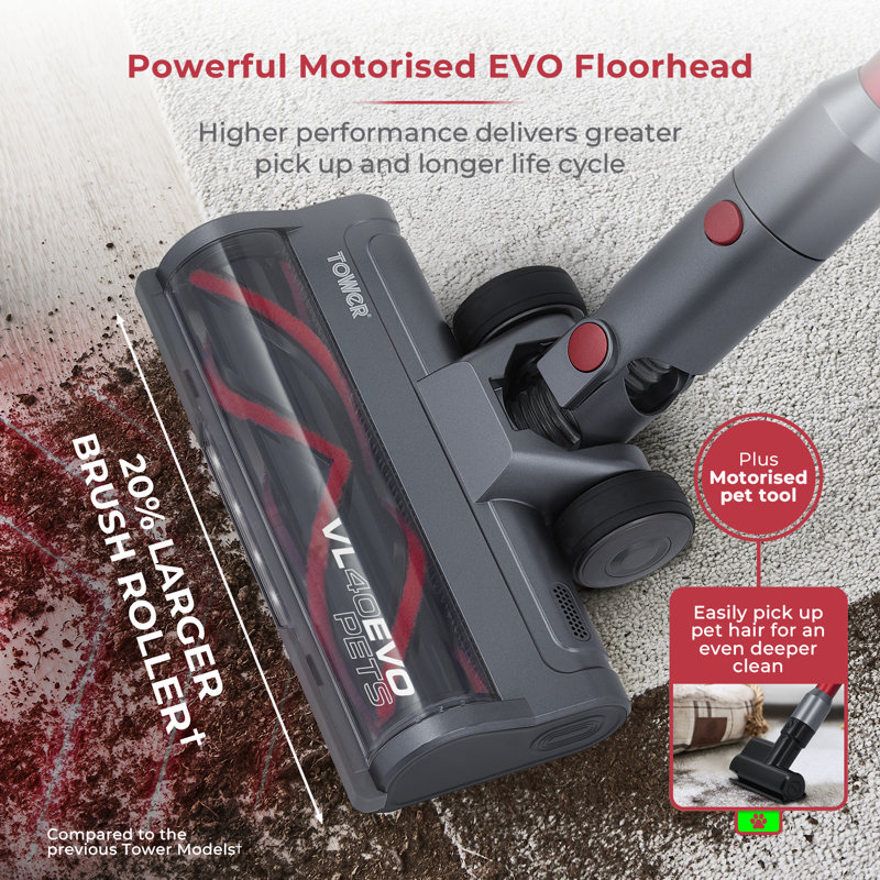 Tower Evo 3-in-1 Cordless Vacuum Cleaner with Cyclonic Suction, Pet and Upholstery Brush, Handheld Function, 22.2V, Red