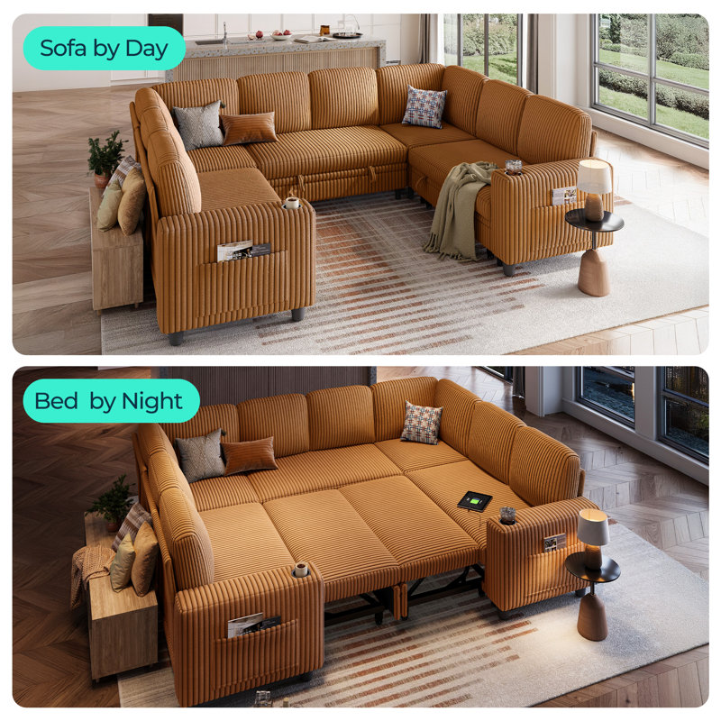 Sherry 106" Upholstered Modular Sleeper U-shape Sectional with Storage, USB Charging & Cup Holders, Soren Brown Corduroy