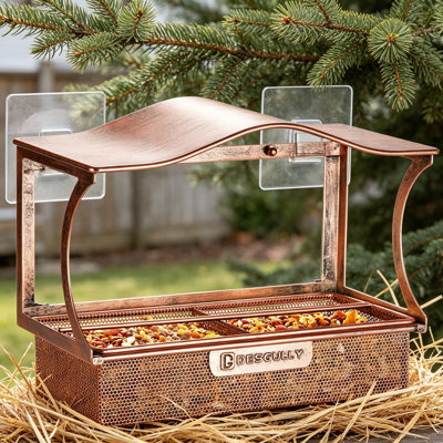 Mangeoire pour fenêtre avec ventouses robustes, grande mangeoire extérieure pour oiseaux, fabrication en métal durable avec plateau amovible pour un nettoyage facile
