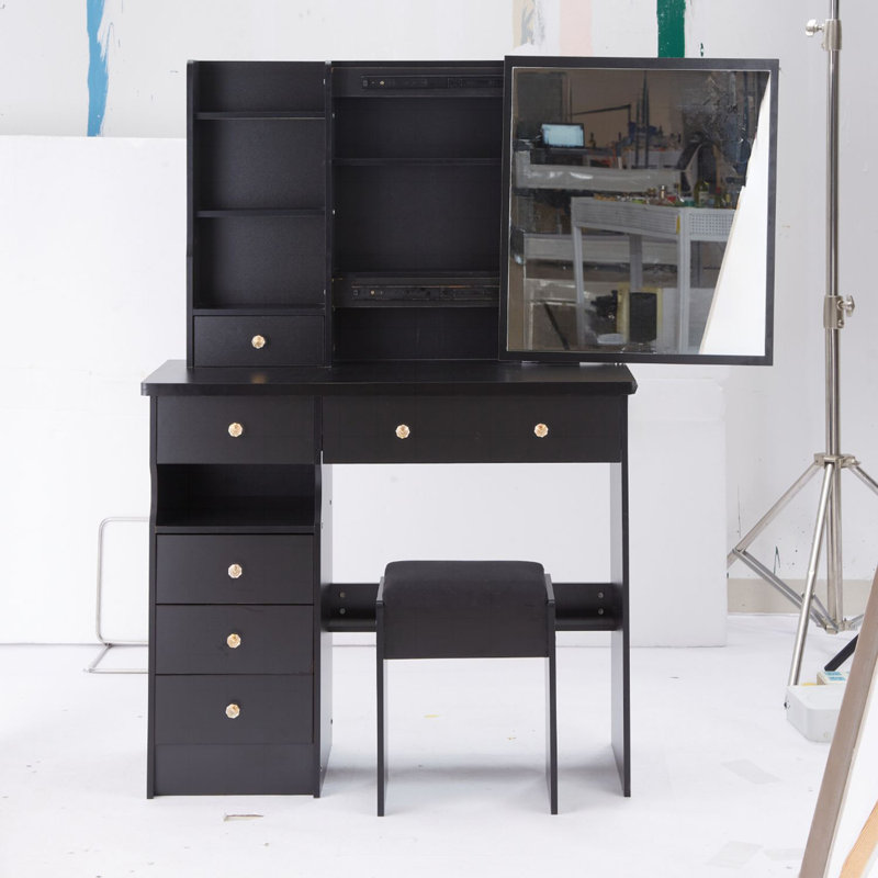 Table de meuble-lavabo de 37 po avec tabouret rembourré, tiroir de 37 po de taille moyenne, très grand miroir coulissant à droite, rangement multi-couches à grande capacité, commode pratique et tendance pour les grands espaces