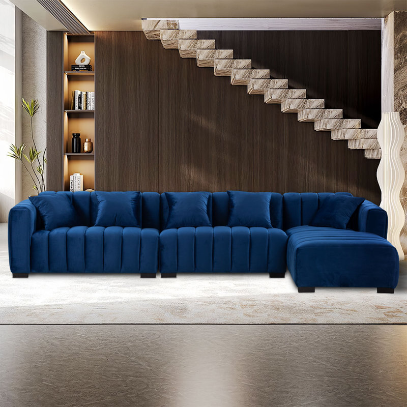 138.97" Wide Velvet Modular Sectional Sofa, Dark Blue Velvet, Right Hand Facing