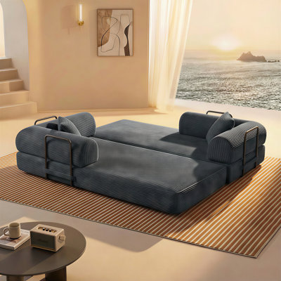 Compression Convertible Floor Sofa Bed With Pillow Back Support & Armrest - Comfy Corduroy Futon Couch Sleeper, Boneless Modular Loveseat Sectional Sofa For Living Room Bedroom, No Assembly Required