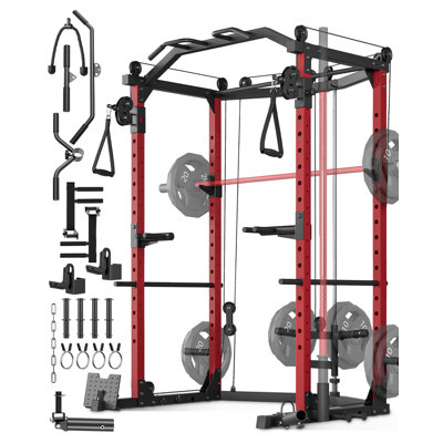 1600LBS Multi-Functional Power Cage, 2”×2” Steel Power Rack with Adjustable Cable Crossover System, Complete Training Attachments, Home Gym Squat Rack for Full-Body Strength Workout