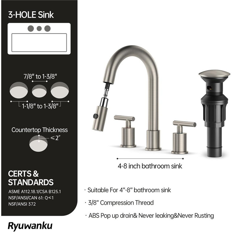 Brushed Nickel Pull Down Bathroom Faucet With Pop-Up Drain, 8 Inch Widespread Bathroom Faucet 3 Hole With Pull Down Sprayer 2 Modes, 8'' Brushed Nickel Bathroom Faucet With Supply Lines