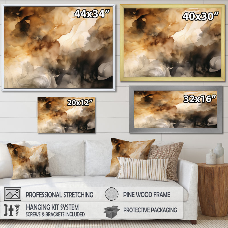 Brun et crème - Fluidité abstraite - art mural abstrait, Cadre flottant doré, H 34 po x l 44 po x P 1,5 po