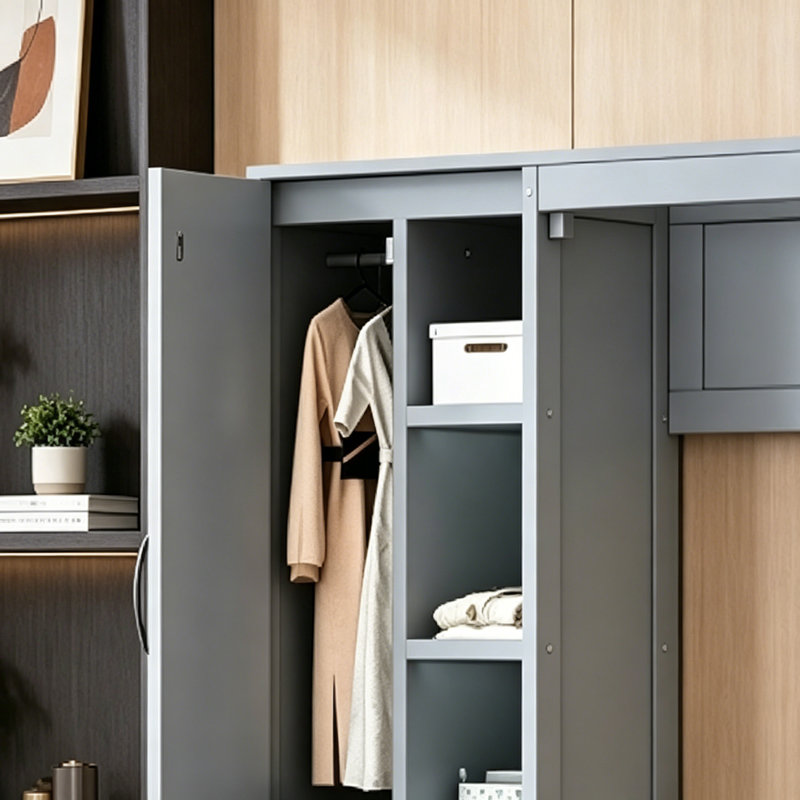 Grand lit escamotable mural avec tablettes, garde-robe et lumières DEL, gris, Gris