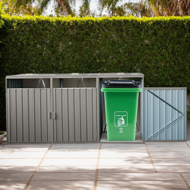Remise en métal pour poubelle extérieure avec portes verrouillables et couvercles relevables, rangement en acier galvanisé pour le jardin ou la cour