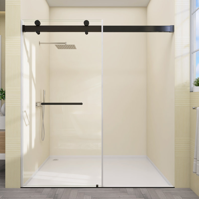 Porte de douche en verre trempé sans cadre de 72 po x H 79 po, noir mat avec roulettes surdimensionnées et poignée de barre à serviettes