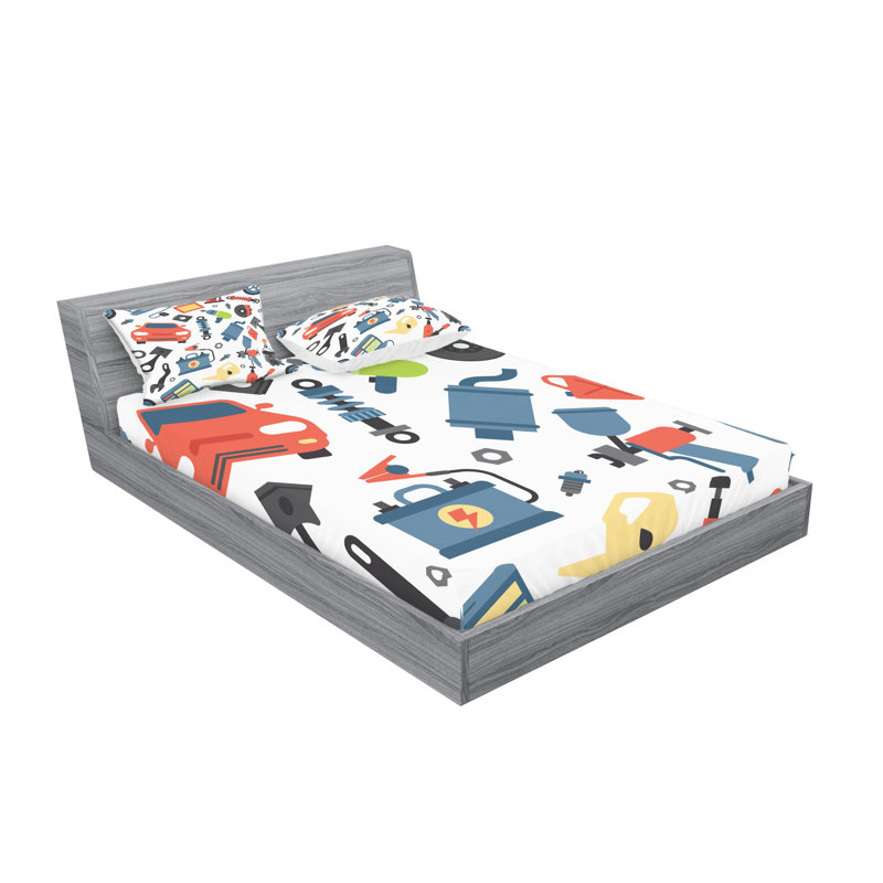 Ambesonne Auto Mechanic Fitted Sheet & Pillow Sham  Set,  Multicolor