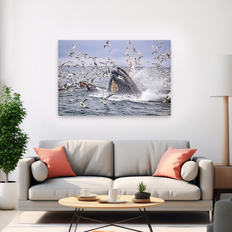 Whale Feeding Frenzy Dramatic Contemporary Seagull Bird Whale Nature Ocean Wall Art Print by Jeffrey C. Sink - 1 Piece Wrapped Canvas Wall Art