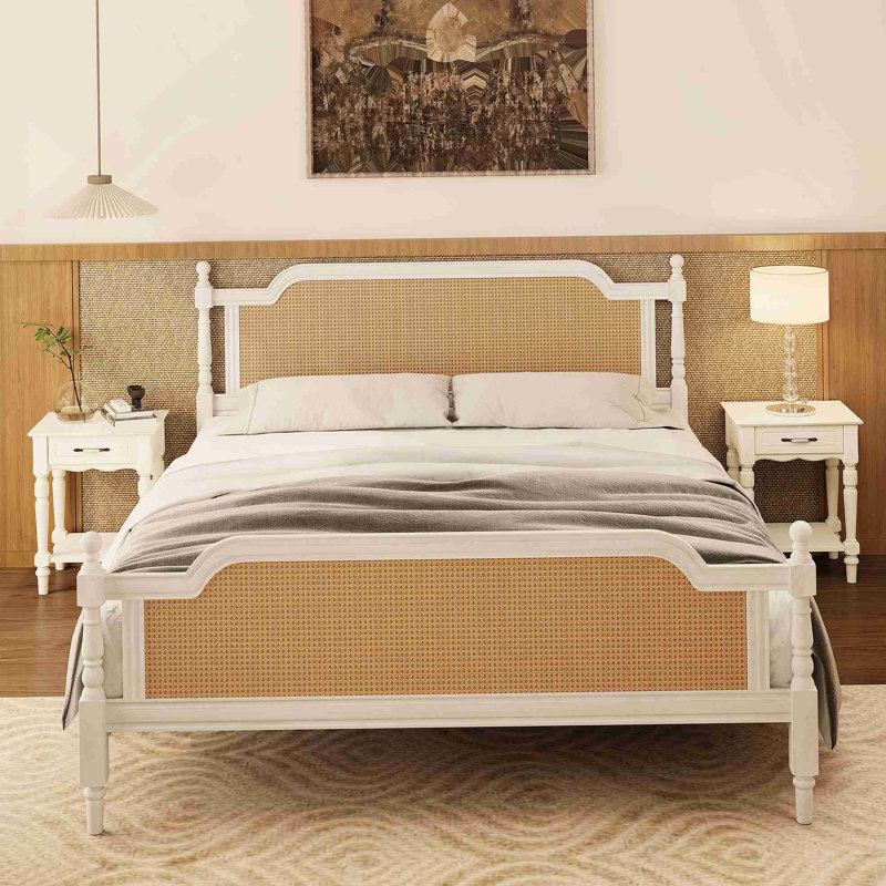 Cadre de lit très grand en rotin de style traditionnel, aucun sommier nécessaire, blanc antique, Très grand lit, Blanc