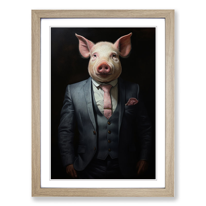 Pig In A Suit No.2 - Single Picture Frame Print on Wood, Oak, 46cm H x 34cm W x 2cm D
