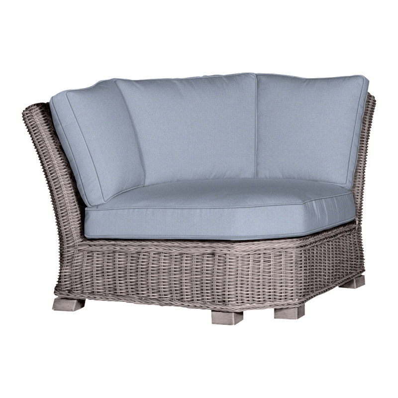 Coin modulaire d'extérieur en résine et osier rustique N-Dura, Welt, Huître, Sunbrella® ‑ Arbor Chambray colombe