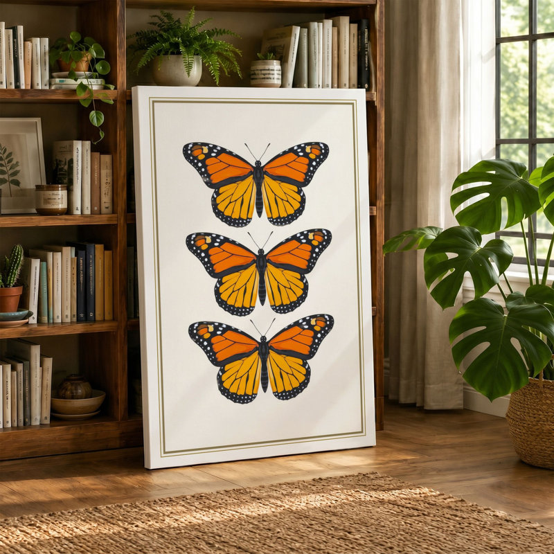 Monarch Triptych Botanical - Wrapped Canvas, 24x16 - 61.0 x 40.6 cm, Teal Border
