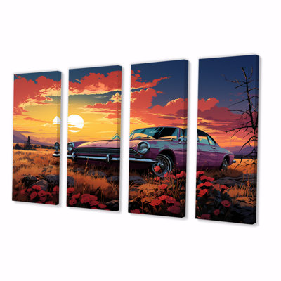 Rose et jaune, voiture américaine classique Sunset Meadows - ensemble de 4 décorations murales voiture ancienne américaine