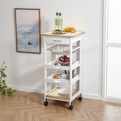 Chariot pour îlot de cuisine à 3 niveaux avec paniers coulissants, tiroir et structure en bois massif