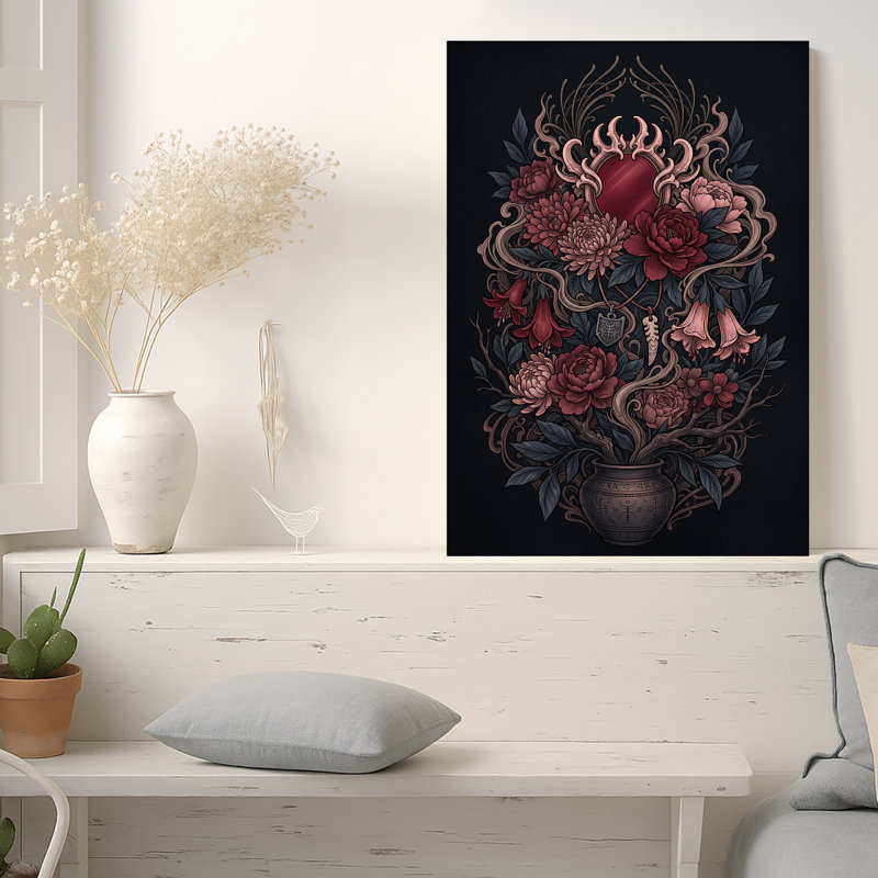 Dark Gothic Red Heart and Flower Vase with Charms Canvas Wall Art, 48"H x 36"W