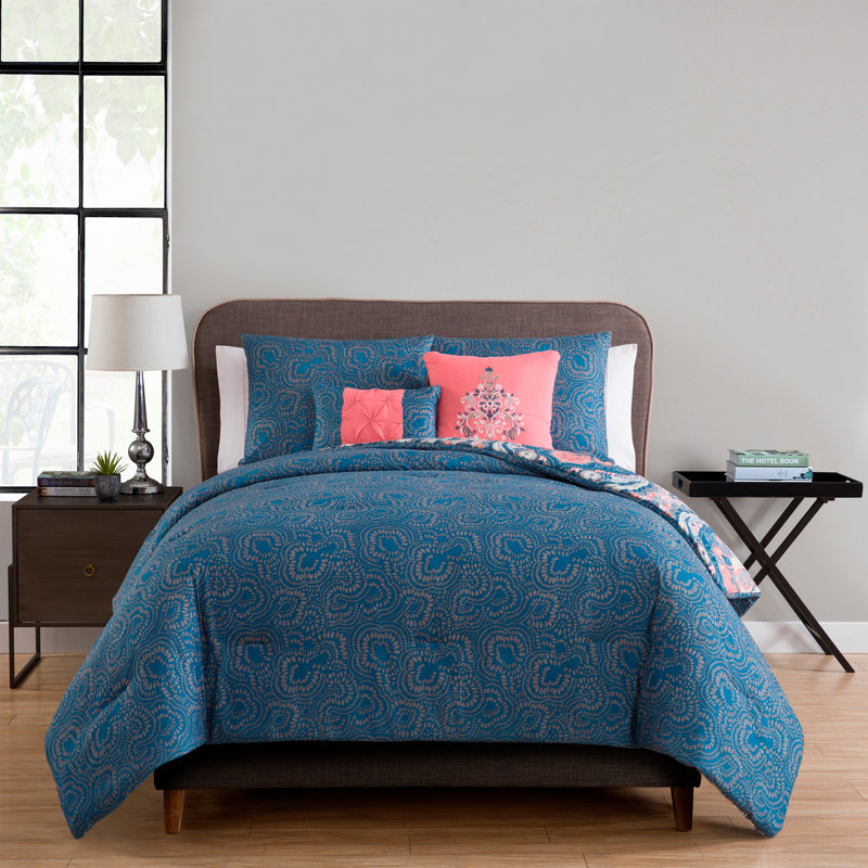 Casa Re’al Damask Reversible Comforter Set, Full Comforter+2 Standard Sham+2 Throw Pillows, Coral