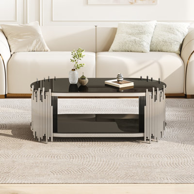 Table basse de luxe avec tablettes en verre trempé à 2 niveaux, table de centre ovale moderne pour le salon, structure en acier inoxydable poli, conception artistique de «tuyau d'orgue»