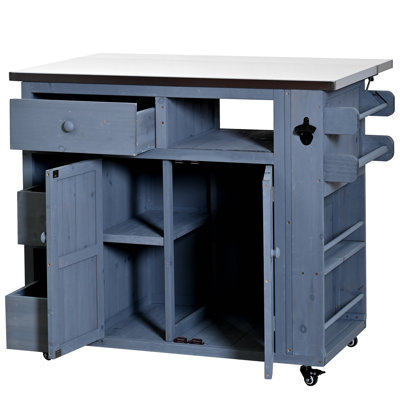 Outdoor Solid Wood Extendable 19.3''/28'' Kitchen Island, Stainless Steel Top Grill Table with Side Spice Rack, Kitchen Cart with Drawers, Storage Cab