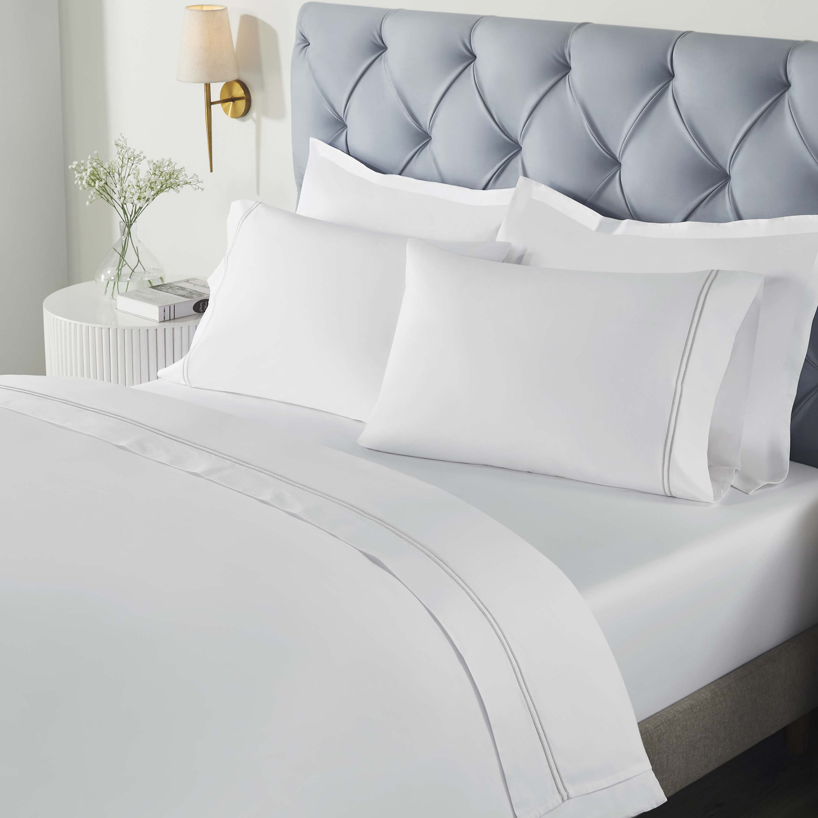 Two-Line Embroidered Cotton Sheet Set, King Sheet Set with 2 Pillowcases, White/Silver