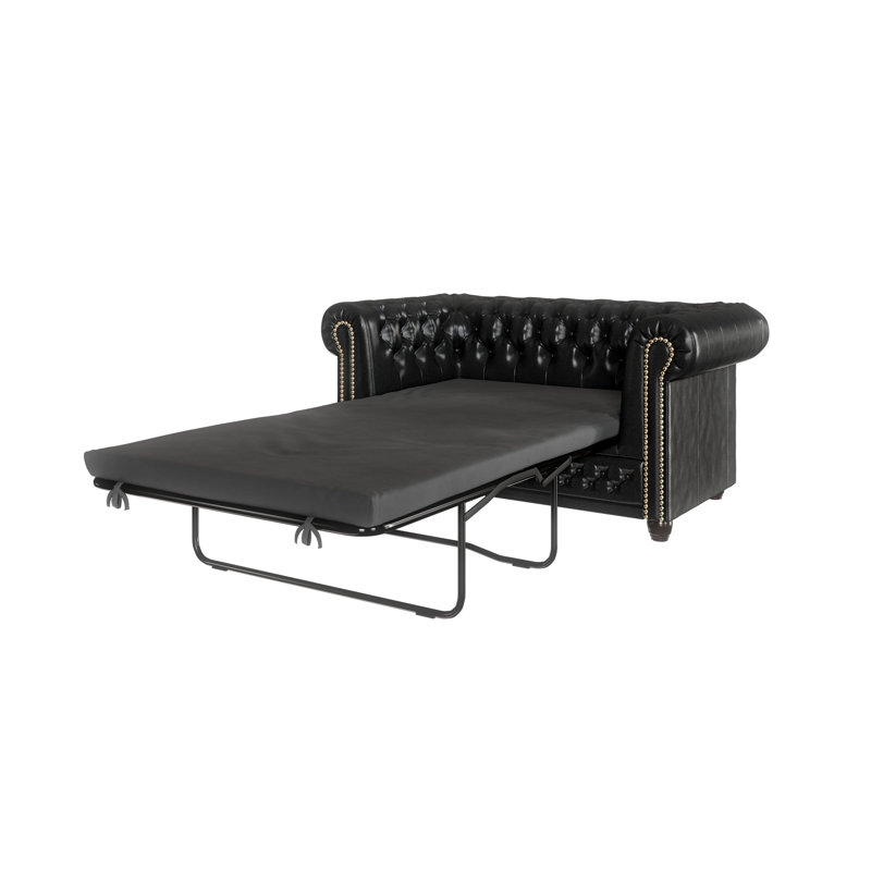 Chesterfield  Sofa 2 Seater with Sleeping Function Made of Vegan Leather with Solid Wood Legs, Black