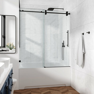Porte de douche fixe et coulissante 48 x 60 po, quincaillerie tubulaire ronde, porte de douche en verre clair, verre trempé SGCC de 10 mm (3/8 po), acier inoxydable, noir mat