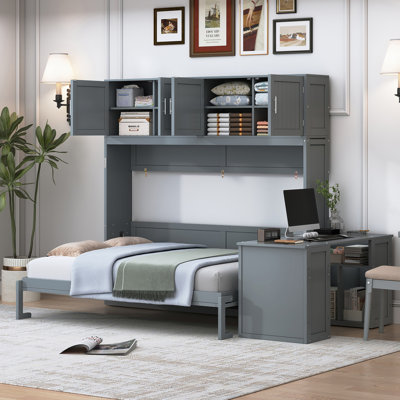 Wall Murphy Bed With Desk And Storage Shelves And Big Cabinets