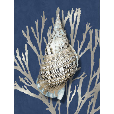 Coquillage corail argenté sur bleu I - impression sur toile tendue