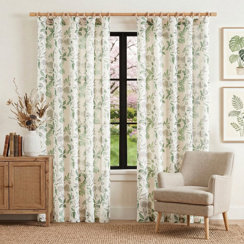 Rod Pocket Tropical Leaf Print Botanical Curtains Flax Farmhouse Country Curtains for Living Room, 50" W x 84" L, Green