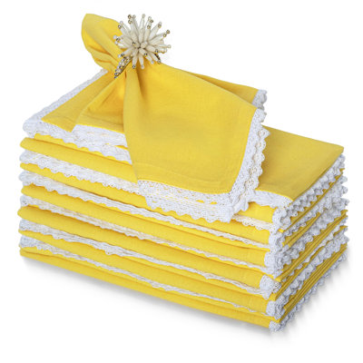 Fingercraft Dinner Cloth Napkin Cotton Linen Set of 12 Mitered Corners with Natural Elegant Lace for Everyday Use Napkins are Pre Shrunk and Good Absorbency with Lace 20x20 in Lemon