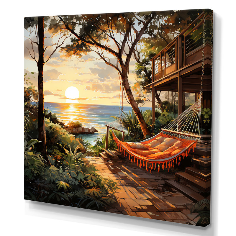 Coucher de soleil hamac près de la plage III - art mural côtier tropical, Toile tendue, H 36 po x l 36 po