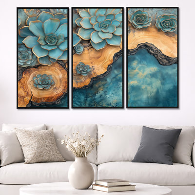 «Teal Succulent Driftwood II - Foliage», ensemble de 3 reproductions d'art sur toile encadrées