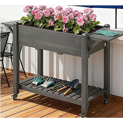 Lit de jardin surélevé, pot à fleurs surélevé en bois, avec roues verrouillables, tables d'appoint, tablette inférieure, trous de bonde